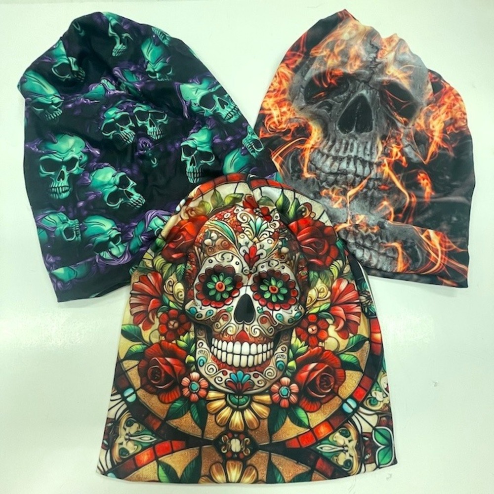 3 Scary Multicolor Day of the Dead Skeleton Beanies Soft & Warm One Size Lot B